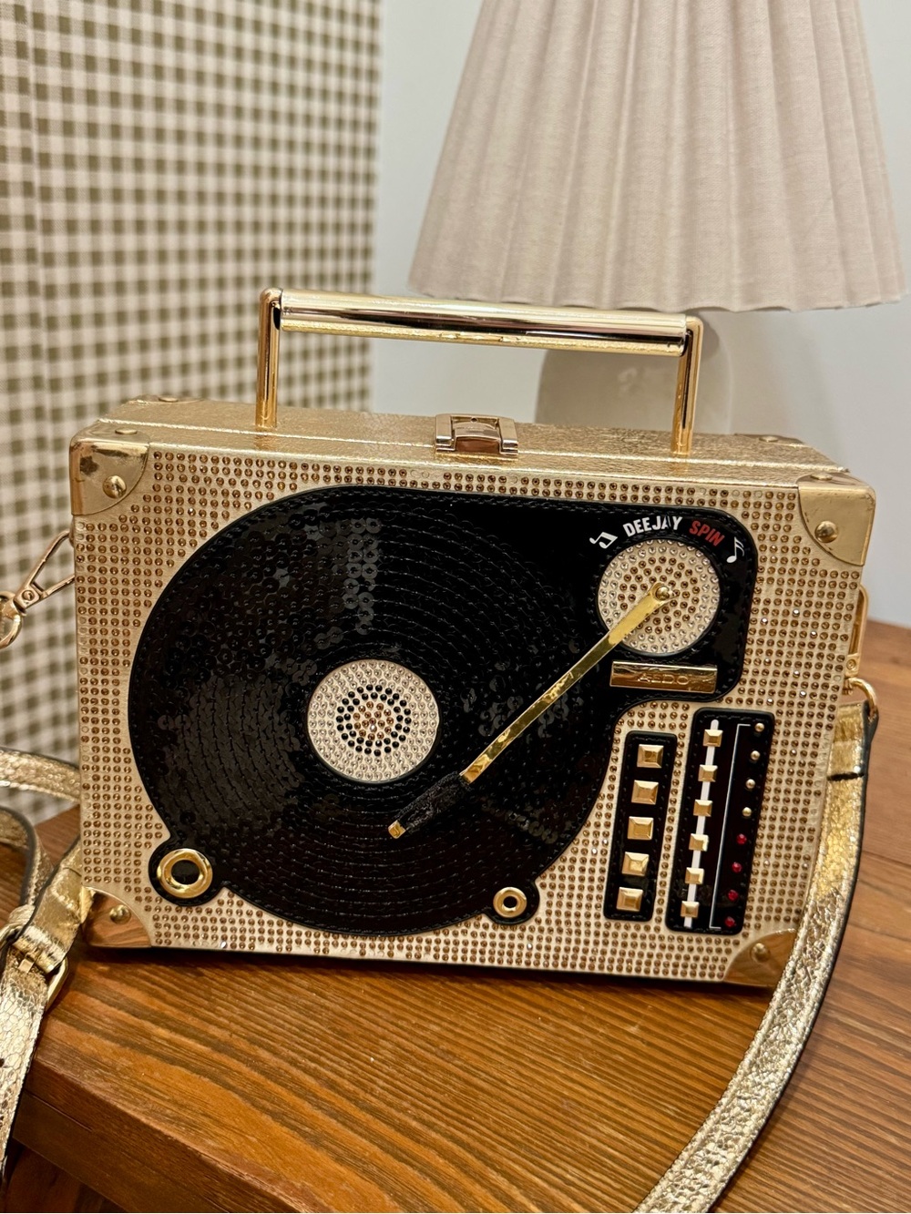 ALDO DJ Razzle Gold Rhinestone Record Player Crossbody Bag